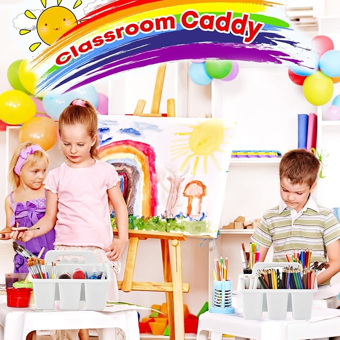 ALINK Classroom Caddy Storage Basket with Handle, 6 Pack Plastic Arts Office Crafts Caddy 4 Compartments for Kids, Pencil, Crayon, Marker, School Supplies - White