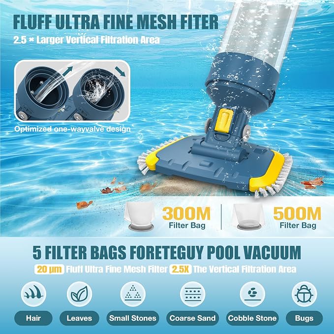 Vucaki 5-in-1 Cordless Pool Vacuum with 14" Wheel Vacuum Head, 10.8FT Telescopic Pole,18.9GPM Suction, 70Min Runtime, Handheld Cleaner for Inground & Above Ground Pools and Spas