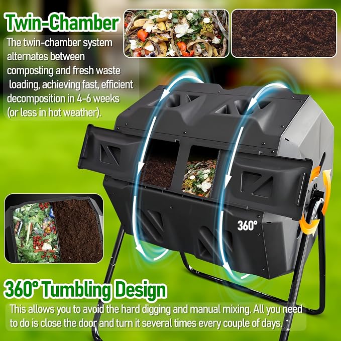 Compost Bin, 43 Gallon Dual Chamber Composter Tumbler Outdoor with 2 Sliding Door and Aeration System, BPA-Free Large Rotating Composting Bin for Garden, Kitchen, and Yard Waste, Black