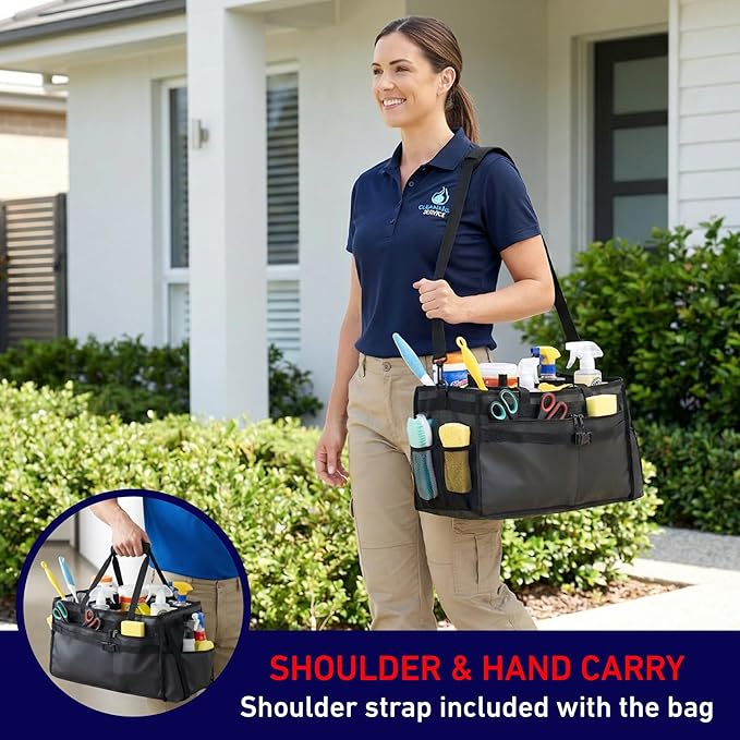 Nomad USA Wearable Cleaning Caddy Bag 100% Waterproof Cleaning Supplies Tote Bag w/Handle & Adjustable Shoulder Straps,Detachable Organizer for Kitchen,Housekeepers,Gardening,Hardware (Black)