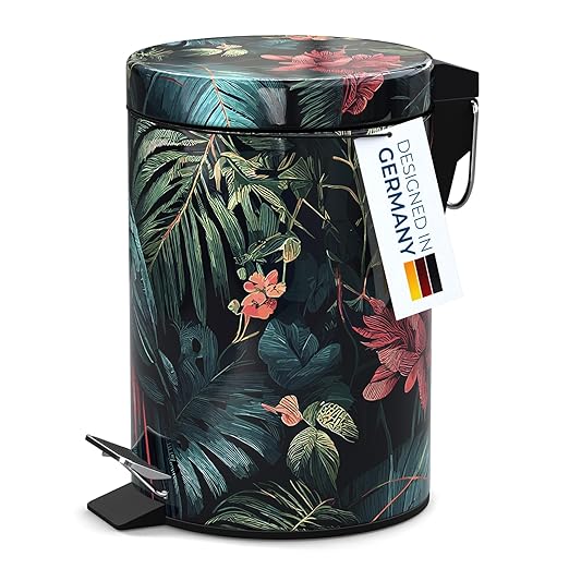 Sanilo Small Bathroom Trash Can with Lid [1.3 Gallon] - Lidded Tiny Trashcan for Garbage - Mini Metal Bin with Soft Closing Mechanism - Bath Room Accessoire Wastebin with Inner Bucket (Exotic)