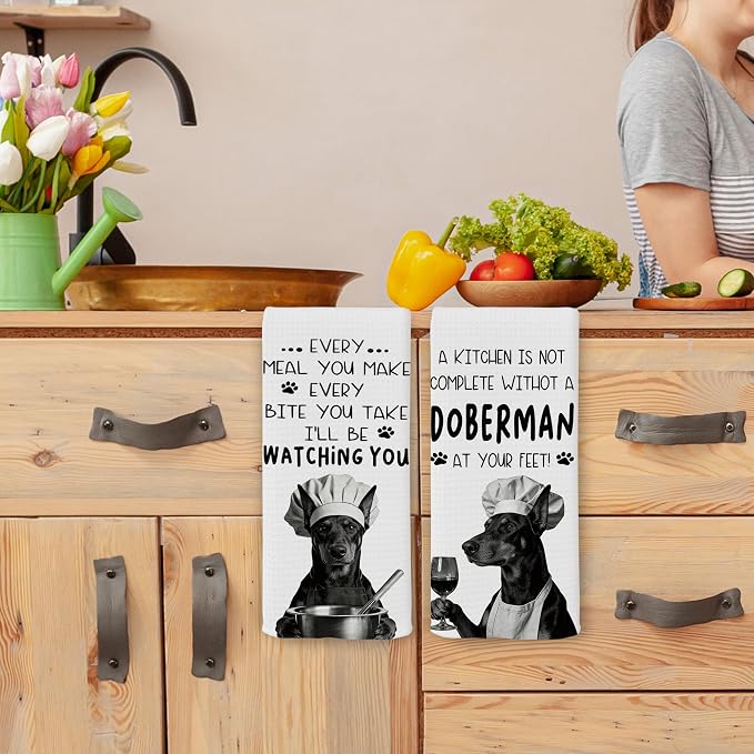 Funny Doberman Dog Kitchen Towels 16x24 Inch Set of 2 | Doberman Lovers Gifts for Women Men Dish Tea Towels for Kitchen, Dog Lover Mom Dad Owner Gifts Decorative Hand Towel