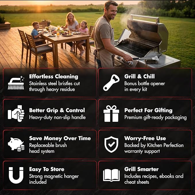 KITCHEN PERFECTION GrillSaver - Safe BBQ Grill Brush for Outdoor Grill with Replaceable Cleaning Head -Heavy-Duty Grill Cleaner with Scraper for All Grates +2 Bonuses -Best Grilling Gifts for Men