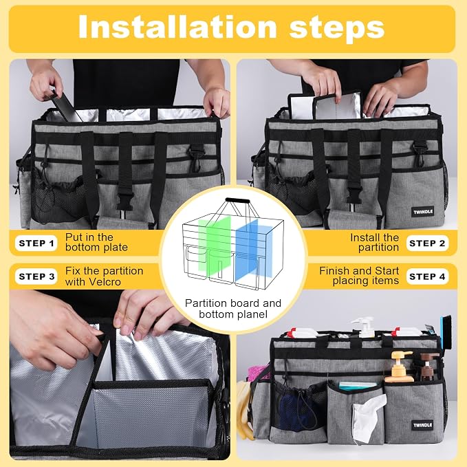 Extra Large Cleaning Caddy Bag with Rigid Support Board, Cleaning Organizer Tote with Detachable Divider, Adjustable Shoulder Strap & Waist Belt, Cleaning Supply Carrier for Cleaners & Housekeepers | Portable