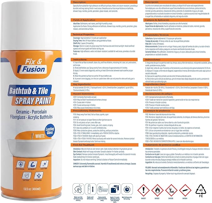 Fix & Fusion Bathtub & Tile Spray Paint, Multi-Surface Coating for Bathroom & Kitchen, High Adhesion, Water-Resistant, for Porcelain, Ceramic, Fiberglass, Countertops & More, White 13.5 oz (Pack of 2)