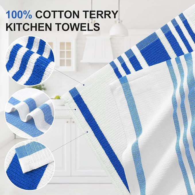Homaxy Premium Kitchen Towels 18”x 28”, Large Cotton 380 GSM Kitchen Hand Towels, Stripe and Terry Dish Towel, Highly Absorbent Tea Towel Set with Hanging Loop, 3 Pack, Blueberry
