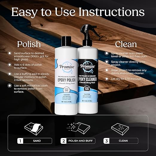 Promise Epoxy - 32 Ounce Kit of Pro Polish (16oz) and Cleaner (16oz), Specially Formulated for Epoxy Resin and High Gloss Finishes, Removes Scratches and Scuffs - Perfect for DIYers, Home Décor