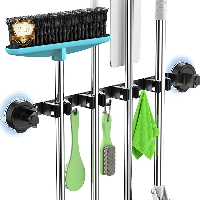 2026 Upgrade Broom Holder Wall Mount with Suction Cup, Broom and Mop Organizer Wall Hanging with 4 Racks & 3 Hooks, Removable and Reusable, Mop and Broom Hanger for Home Kitchen Laundry