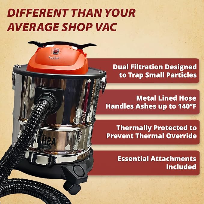Pellethead Ash Vault Pro | 10-Amp Ash Vacuum for Fireplaces, Pellet Stoves & BBQs – 5-Gal Capacity, Dual HEPA, Heat-Resistant Hose, Steel Tank