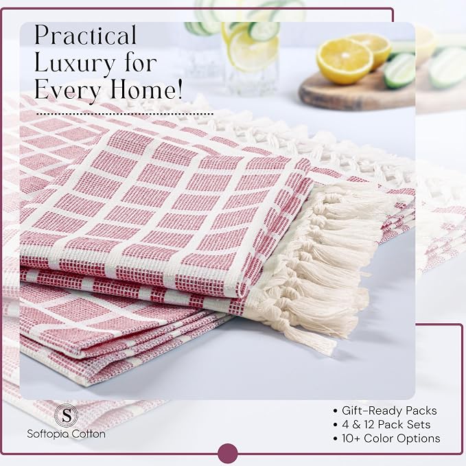 Matrix Dobby Kitchen Towels 4 Pack 100% Cotton, 16x26 Inches, Decorative Tea Towels with Handmade Tassels, Absorbent Reusable Dish Cloths for Kitchen Drying - Burgundy Wine, Natural