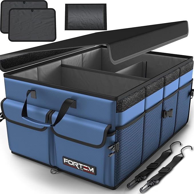 FORTEM Car Boot Organiser, Collapsible Multi Compartment SUV Organizer, Foldable Storage for Car Accessories for Women Men, 600D Oxford, Non Slip Bottom, Securing Straps, Soft Cover (50L)