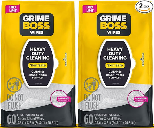 Grime Boss Heavy Duty Surface and Hand Wipes (2x60ct) | Remove Paint, Oil, Grease, Adhesives, Mud, Dirt | Workshop Replace Cleaners like Rags, Towels, Pumice, Soap