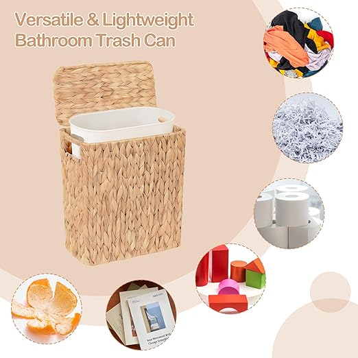 3 Gallon Wicker Trash Can with Lid and Removable Liner, Natural Water Hyacinth Handwoven Bathroom Waste Basket for Bedroom,Toilet, Living Room, Under Sink, Kitchen (No Brush)