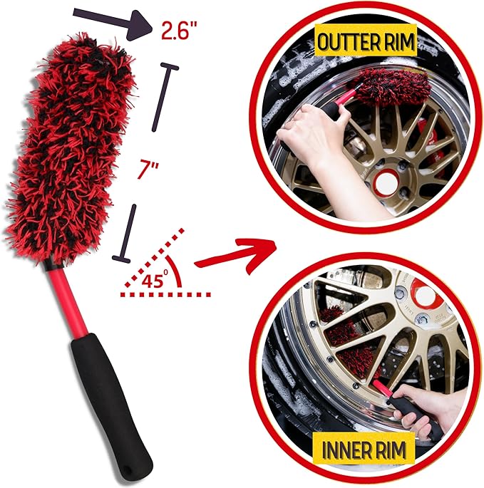oesee Angled Wheel Brush Kit 3 Pack- Angled Microfiber Wheel Brush, Wheel Barrel Brush, Detailing Brush Scratch Free Calipers Woolies Spoke Brush Cleans Brake Dust from Barrels& Hard to Reach Areas
