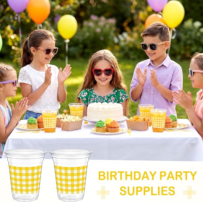 Qinyoung Checkered Plastic Cups 12oz Gingham Party Disposable Cups Bulk Drinking Cup for Cold Drinks Baby Shower Wedding Summer Birthday Party Supplies(Yellow and White,50 Pcs)