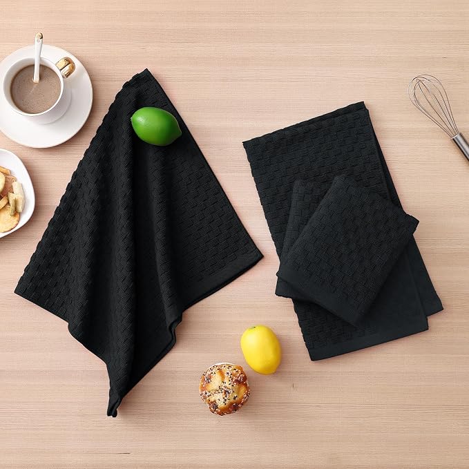 Homaxy 100% Cotton Kitchen Towels and Dishcloths Set, 12 x 12 & 15 x 25 Inches, Set of 10 Bulk Terry Cloth Dish Towels, Super Soft and Absorbent Hand Towel with Hanging Loop, Black