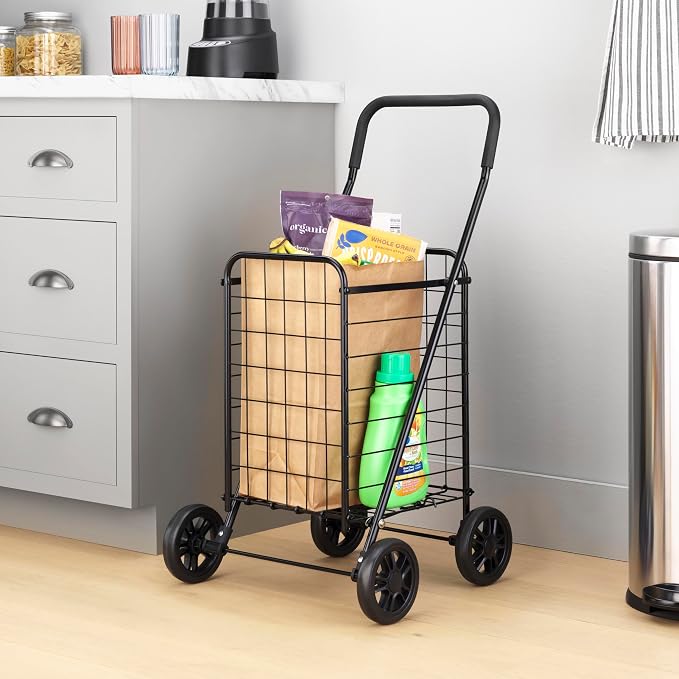 Whitmor Foldable Utility Shopping Cart with Wheels, Heavy Duty Metal Grocery Cart, Portable Foam Handle, Rolling Collapsible Trolley for Groceries, Laundry, Storage, Black