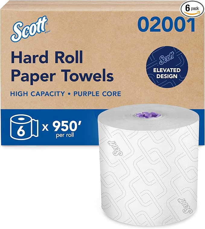 Scott Professional High-Capacity Hard Roll Paper Towels, Bulk (02001), Hardwound, Elevated Design, Absorbency Pockets, White, for ScottBrand Purple Core Dispensers (6 Rolls at 950' Each, 5,700'/Case)
