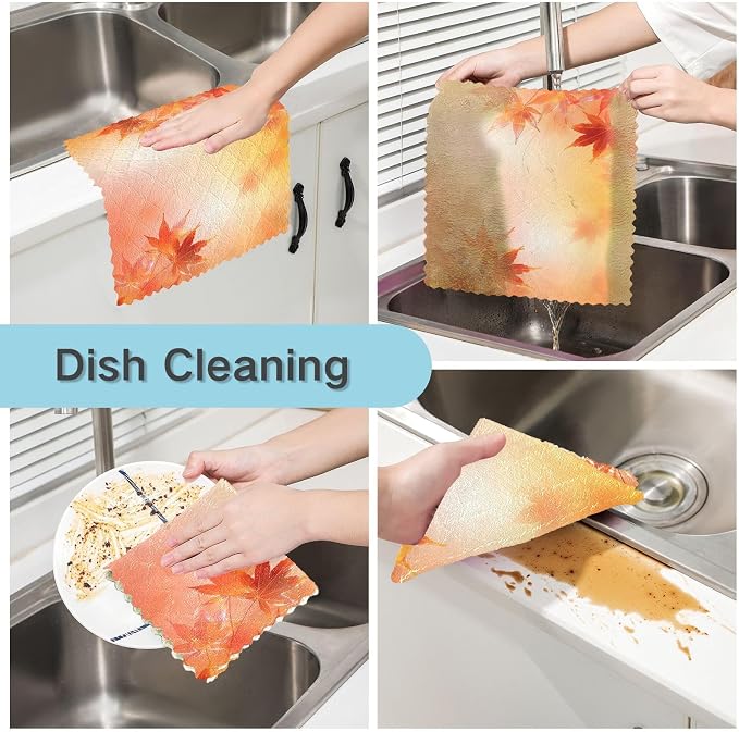 senya Thanksgiving Day Kitchen Dishcloths, Thanksgiving Autumn Leaves Golden Maple Leaves Cloth Dish Towels 6 Pack Super Absorbent Dishtowels Reusable Cleaning Cloths