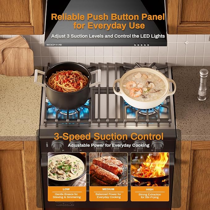 24 Inch Wall Mount Range Hood Ducted/Ductless Convertible Kitchen Exhaust Hood with 450 CFM Motor, 3 Speed Fan, LED Lighting and Dishwasher Safe Filters, Matte Black Painted Finish