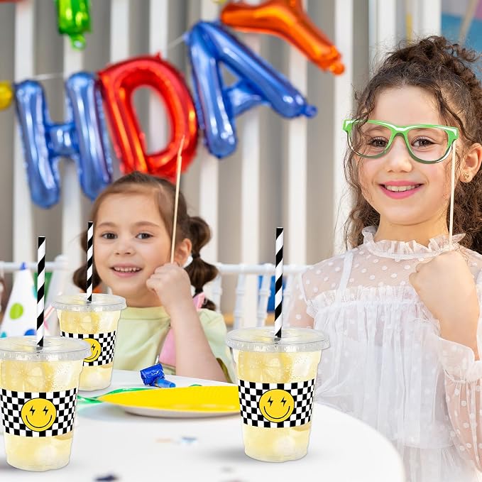 Whaline 50 Pcs One Happy Dude Disposable Plastic Cups with Lids and Straws 12 Oz Smile Face Checkered Cold Beverage Drinking Cups for Birthday Baby Shower Favors
