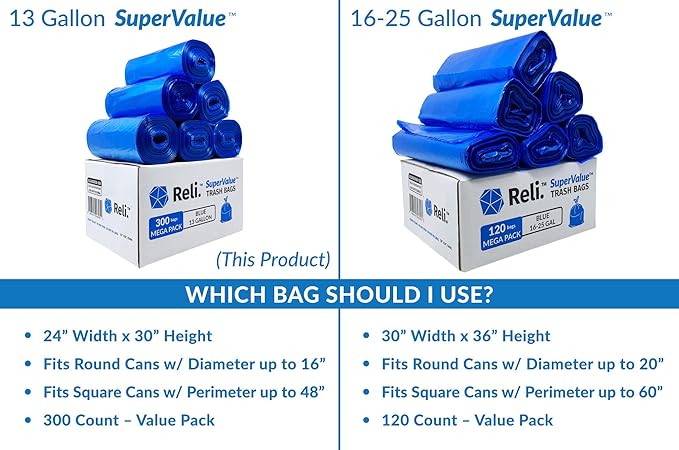 Reli. SuperValue 13 Gallon Recycling Bags | 300 Count | Tall Kitchen | Blue Trash Bags