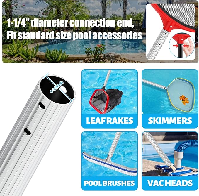 YEECHUN Professional 16.5 Foot Swimming Pool Pole Telescopic Heavy Duty Aluminum, Adjustable Length 6.5 to 16.5 Feet, Universal Pole for Skimmer Net Rake, Hooks, Vacuum Heads and Brushes
