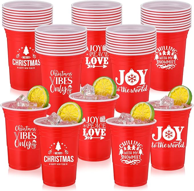 Zhehao 50 Pcs Christmas Cups 16 oz Christmas Plastic Disposable Party Bulk Red Joy Merry Xmas Cups for Drinking Party Supplies Decoration Beverage Coffee Snacks Beer, 5 Styles