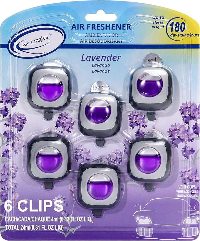 Air Jungles Lavender Fresh Bundle – 3-in-1 Odor Eliminator Balls (6 Count), Lavender Car Air Freshener Clips (6 Pack), and 3-in-1 Leather Cleaner Wipes (70 Count)