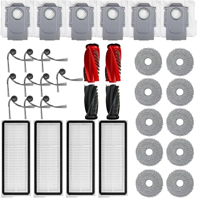 (34-Piece Maintenance Kit Replacement Parts for Roborock Qrevo S5V / Curv/Edge/Edge S5A / Curv S5X Robot Vacuum Accessories,6 Pack Dust Bags,10 Pack Side Brushes,4 Pack Main Rollers