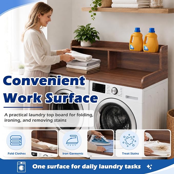 Royxen Laundry Countertop with Storage Universal Fit, Washer and Dryer Countertop with Shelf, Laundry Room Storage, 2-Tier Shelf (Walnut)