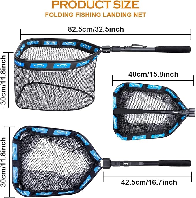 PLUSINNO Floating Fishing Net for Steelhead, Salmon, Fly, Kayak, Catfish, Bass, Trout Fishing, Rubber Coated Foldable Landing Net with Fixed or Telescoping Pole Handle, Fishing Gear and Gifts for Men