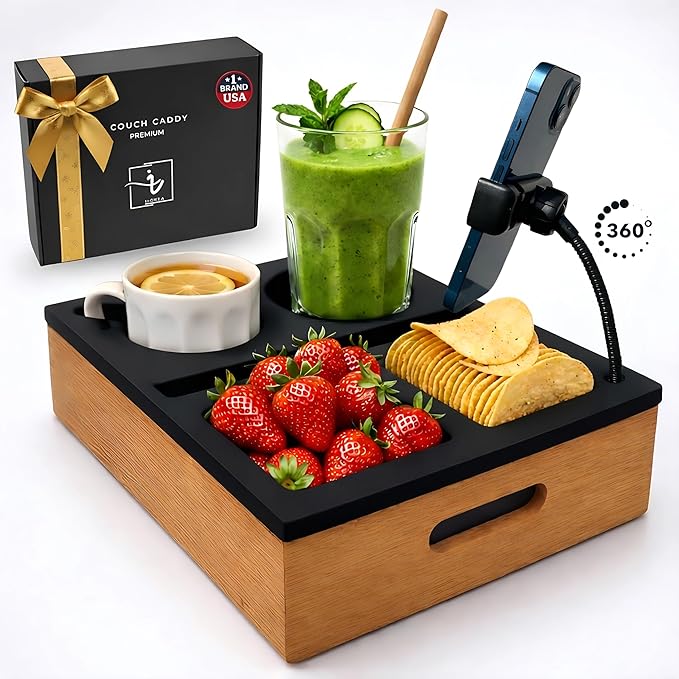 Couch Caddy with Cup Holder | Wood Couch Cup Holder Tray for Drinks, Snacks & Remotes | Couch Tray for Bed, Car Seat & Beach Organizer (Black)