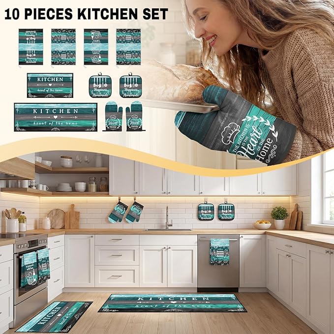 10 Pcs Teal Turquoise Kitchen Decor and Accessories Set, 4 Dish Towels Kitchen Rugs 2 Oven Mitts 2 Pot Holders, Home Decor for Cooking Baking BBQ Gifts Women Mom Housewarming