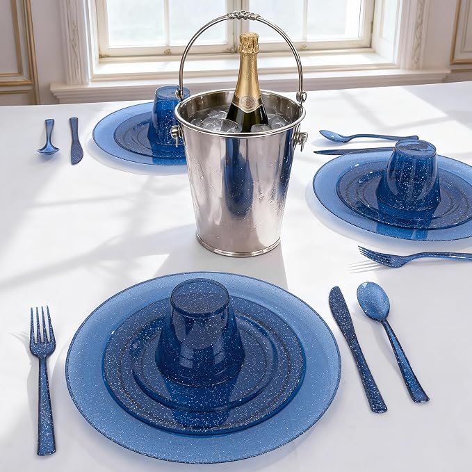 DaYammi 210PCS Cobalt Blue Glitter Plastic Dinnerware Set for 30 Guests, Fancy Disposable Plates for Party, Include: 30 Dinner Plates, 30 Dessert Plates, 30 Pre Rolled Napkins with Silverware, 30 Cups