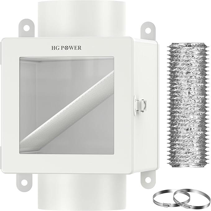 Metal Dryer Duct Lint Trap, HG Power Indoor Dryer Vent Kit, Indoor Dryer Vent for Electric Dryer, Dryer Lint Catcher for Dryer, Inline Dryer Lint Trap Box, 4" Dryer Vent Hose, 2 Hose Clamps