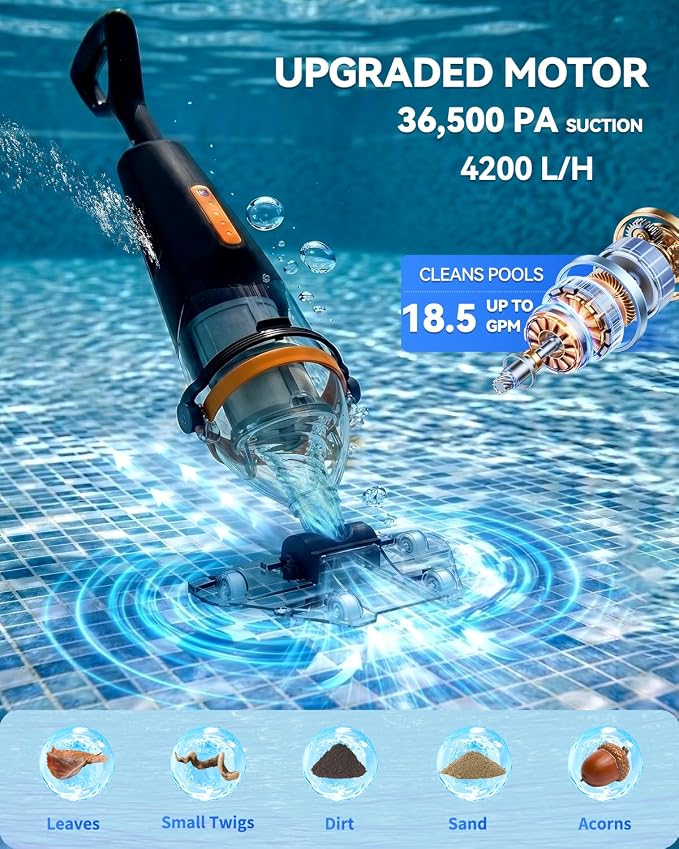 Wireless Remote Pool Vacuum, Cordless Pool Vacuum for Above Ground & Inground Pools, 18.5 GPM Powerful Suction, 75 Min Runtime, 69.3" Telescopic Pole for Spa & Hot Tub