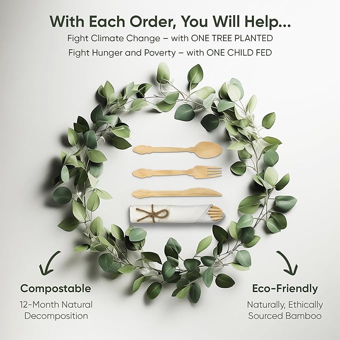 EcoPreps Luxury Pre-Rolled Napkin and Bamboo Cutlery Set (30 Pack, 120 PCS) 100% Biodegradable, Eco-Friendly, Disposable Wrapped Cutlery - Includes Pre-Wrapped Bamboo Forks, Knives, Spoons, & Napkins
