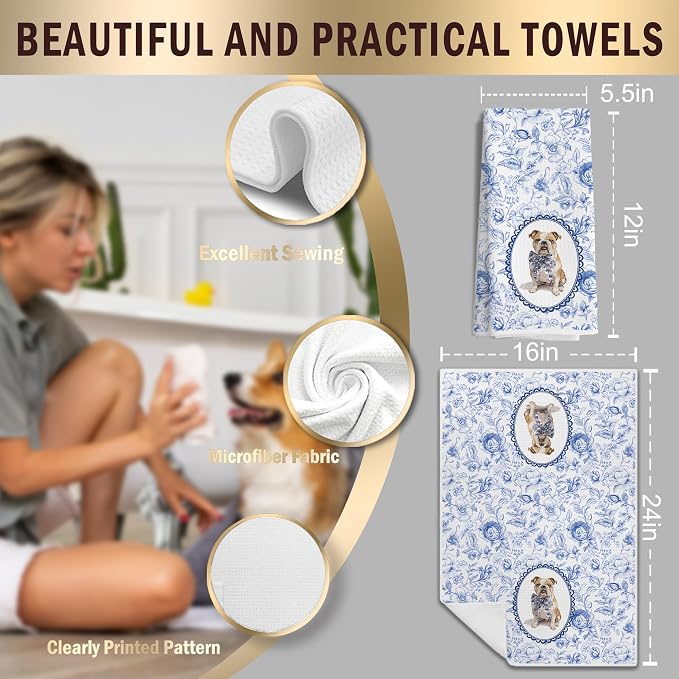 Chinoiserie French Bulldog Kitchen Towels, Blue and White Floral French Bulldog Gifts for Women Dish Tea Towels,Grandmillennial Botanical Dog Hand Towels for Kitchen Bathroom, 16x24 Inch