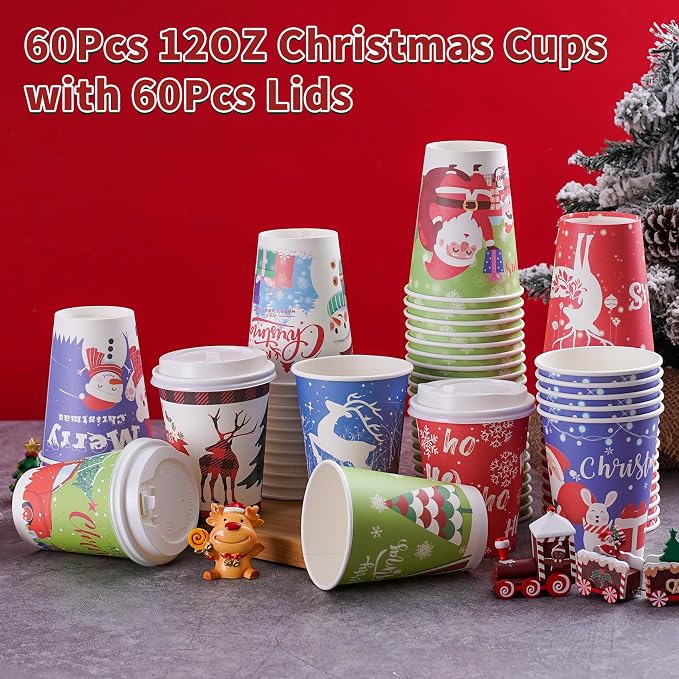 Christmas Cups with Lids 12oz Disposable Coffee Cups Paper Cups with Lids 10 Designs Christmas Party Supplies, Xmas Disposable Party Cups Drinkwear for both Hot and Cold Drinks, 60 Pack
