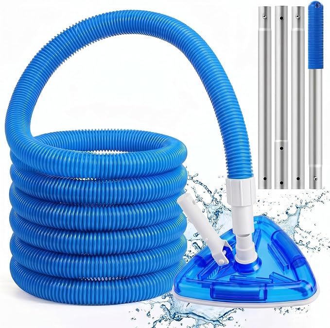 Qinyoung 3 Pcs Swimming Pond Cleaning Kit, 1-1/4 Inch x 18 ft Pool Vacuum Hose with Swivel Cuff Triangular Weighted Pool Vacuum Head Connect 1-1/4" or 1-1/2" Hose and 4 ft 4-Section Telescopic Pole