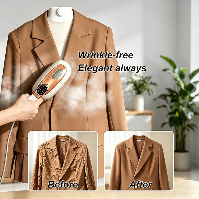 Garment Steamer for Clothes 1400W Portable Travel Steamer 180°Rotating Handle lancha a Vapor Para Ropa with LCD Display Handheld Wrinkle Remover, 260mL Water Tank, 8 Steam Models, Beige