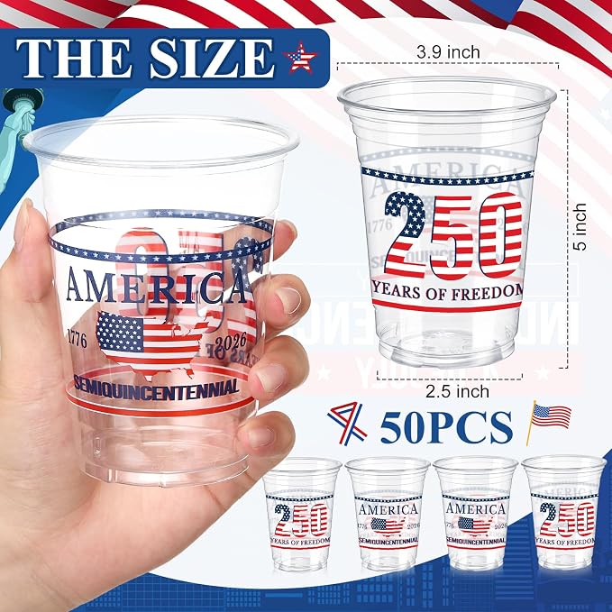 Jingmore 50 Pcs 250th Anniversary Plastic Cups 12 oz Patriotic Disposable Plastic Cups 1776-2026 Freedom Thick Clear Drinkware for Independence Day 4th of July Party Supplies