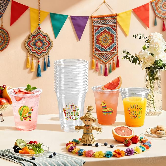 100 Pack Fiesta Plastic Cups 12 oz Mexican Cinco De Mayo Disposable Cups Mexican Party Favor Drinking Beverage Cup for Taco Birthday Hispanic Heritage Month Party Supplies