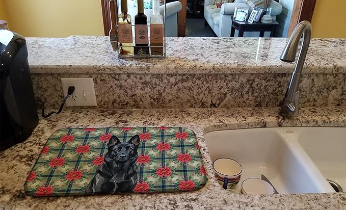 Caroline's Treasures Black German Shepherd Christmas PoinsettIas Dish Drying Mat Absorbent Dish Drying Mat Pad for Kitchen Counter Dish Drainer Mat for Countertop, 14 x 21", Multicolor