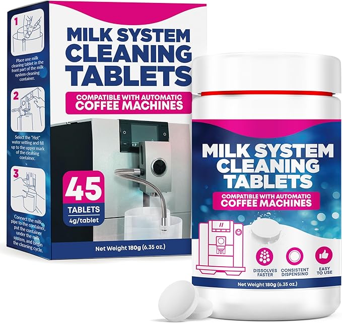 [45 Count, 180g Bottle] Milk System Cleaning Tablets for Automatic Coffee Machines - Compatible with Jura Automatic Coffee Machines - Includes Cleaning, Descaling Tablets, and Milk System Cleaner