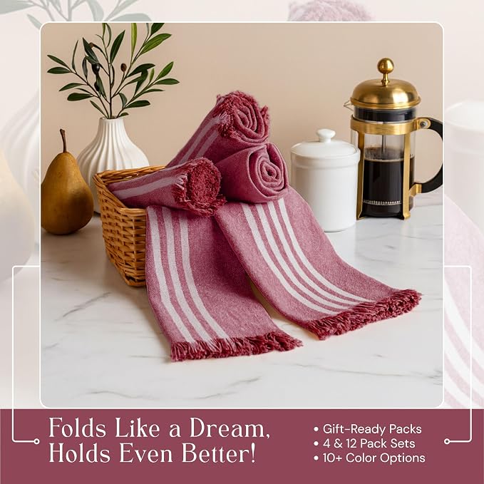 Prewashed Stripe Dish Towels 12 Pack, 16x26 Inches, Absorbent Hand Towels for Kitchen Use, Quick Dry Cloths for Cleaning, Durable Washable Rags, Reusable Dishcloth Set - Burgundy Wine