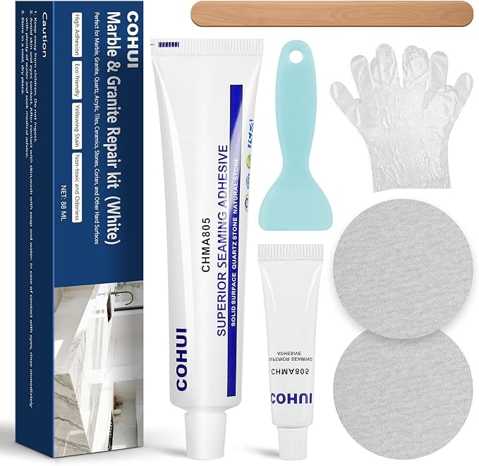 Marble and Granite Repair Kit (White) - 30-Min Quick-Drying Quartz Countertop Repair Kit on Quartz, Marble, Porcelain and Other Stone Surfaces - Granite Sealer for Edge Chips Cracks Scratches Holes