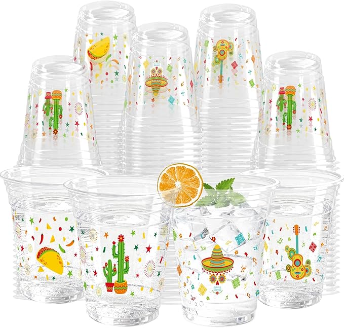 100 Pack Fiesta Plastic Cups 12 oz 2 Styles Mexican Cinco De Mayo Disposable Cups Mexican Party Favor Drinking Beverage Cup for Taco Birthday Hispanic Heritage Month Party Supplies