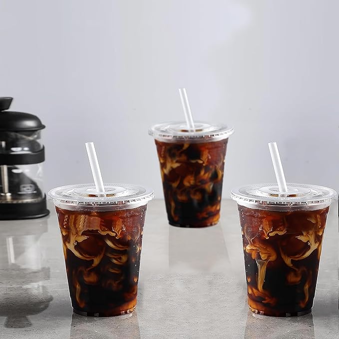 TashiBox[100 sets 12 oz plastic cups with lids and straws disposable, lemonade stand supplies,coffee essentials,smoothie cups
